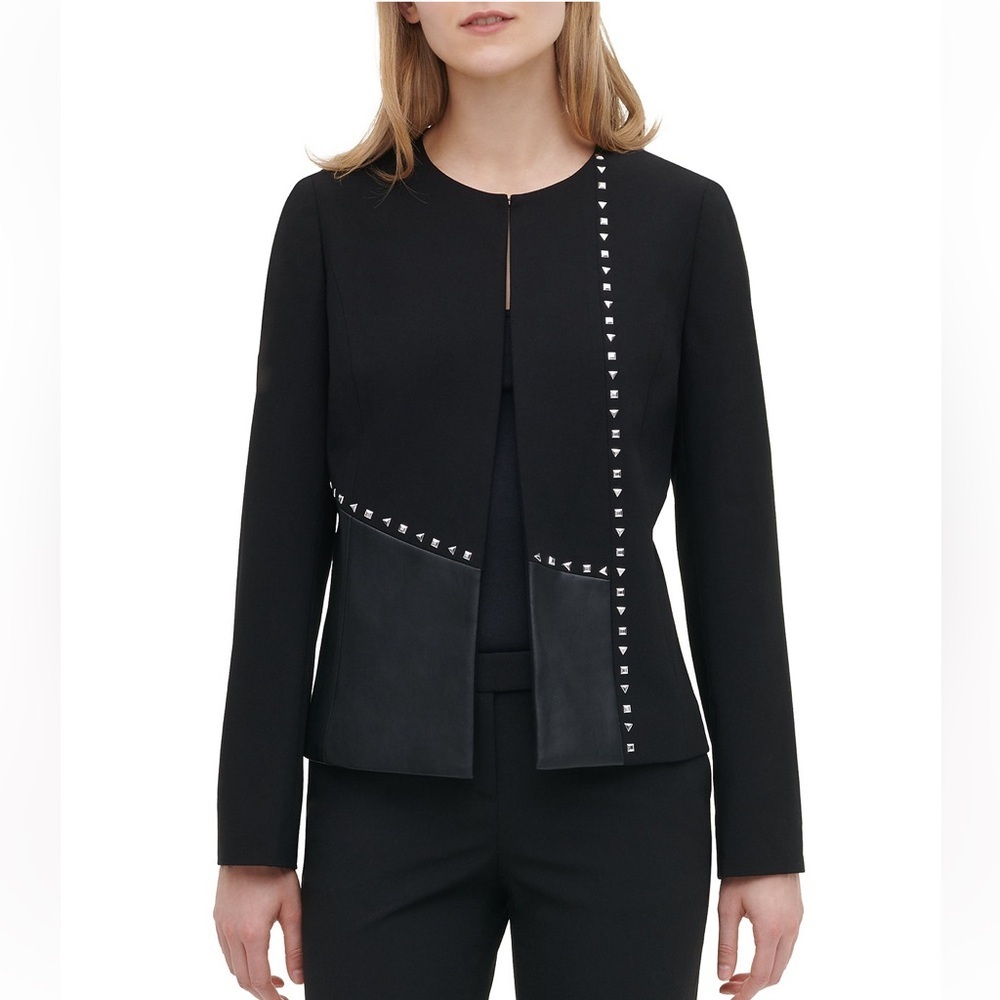 Calvin Klein Blazer Collarless Faux Leather Studded Blazer